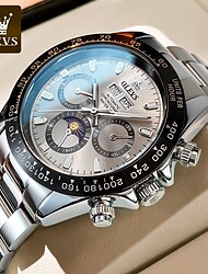 OLEVS Mens Automatic Watches Silver Bezel Stainless Steel Luxury Dress Mechanical Moon Phase Waterproof Wrist Watches for Mens Multi Date