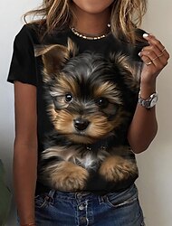 レディース T シャツ ベーシック 犬 プリント 半袖 レギュラー トップス ラウンドネック デイリー ウィークエンド ブラック