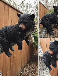 גור דוב שחור מנמנם מבלה בפסלון עץ, פסלוני חיות ריאליסטיות שרף דוב פסל אמנות צמוד על הקיר לעיצוב חוץ מתנה לקישוט גינה