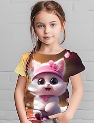 Voor meisjes 3D Grafisch dier Kat T-shirt Korte mouw 3D-afdrukken Zomer Lente Actief Modieus leuke Style Polyester Kinderen 3-12 jaar Buiten Casual Dagelijks Normale pasvorm