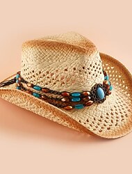 stílusos western cowboy szalmakalap kézzel szőtt műjade láncdísszel - tökéletes nyári tengerparti kirándulásokhoz!
