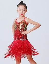 Latin Dance Kids‘ Dancewear Dress Fringed Tassel Pure Color Splicing Girls‘ Performance Training Sleeveless Polyester Sequined