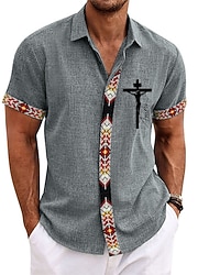 Men's Cross Jesus Shirt Button Up Shirt Short Sleeve Fashion Designer Casual Outdoor Casual Summer Spring Turndown Print White Pink Blue Green Khaki