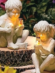 屋外発光少年と少女樹脂中庭庭の装飾彫刻庭中庭ソーラー点灯ホタル瓶スイッチ付き 40mah バッテリークリエイティブ庭屋外彫刻庭の装飾のため