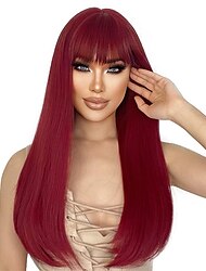 Perucas vermelhas para mulheres peruca longa reta com franja peruca sintética cor de vinho peruca cosplay colorida para meninas uso diário em festas 22 polegadas