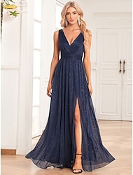 Γραμμή Α Βραδινά φορέματα Κομψό Φόρεμα Επισκέπτης γάμου Φόρεμα πάρτι Μακρύ Αμάνικο Λαιμόκοψη V Σπαντέξ V Πίσω με Γκλίτερ Φόρεμα 2024