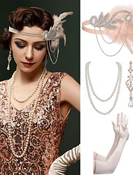 Retro / vintage Glada 20-talet 1920-talet Flapperpannband i tjugotalsstil Tillbehörssats Den store Gatsby Tofs Fjäder Dam Karnival Maskerad Fest / afton Möhippa Vuxna Handskar Huvudbonad Örhänge