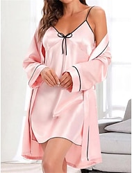 Women's Pajamas Robes Gown Nightshirt Dress 2 Pieces Pure Color Fashion Casual Soft Home Daily Bed Polyester Breathable Straps Long Sleeve Summer Fall Black Pink