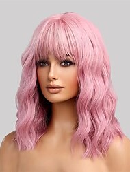 perucă roz cu breton de aer 12 inchi scurt ondulat pastel ondulat perucă sintetică pentru femei bob peruci pentru petrecere cosplay peruci până la umeri pentru fete utilizare zilnică perucă creț
