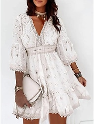 Women's Casual Dress Cotton Dress White Lace Wedding Dress Mini Dress Cotton Ruffle Embroidered Daily Vacation V Neck 3/4 Length Sleeve Summer Spring Fall White Apricot Plain