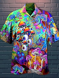 Herr Skjorta Hawaii skjorta Grafiska tryck Hippie Svamp Nedvikt Svart Svart / Purpur Rubinrött Purpur Grön Ledigt Hawaiisk Kort ärm Mönster Button-Down Kläder Tropisk Hawaiisk Designer Ledigt