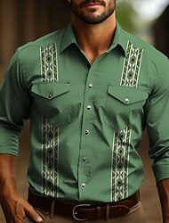 Mens Graphic Shirt Western Tribal Prints Vintage Geometry Turndown Light Green Dusty Rose Blue Outdoor Street Long Sleeve Clothing