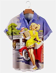 Herren Hemd Hawaiihemd Sommerhemd Auto Grafik-Drucke Pin-up-Girl Umlegekragen Wein Blau Outdoor Strasse Kurze Ärmel Bedruckt Bekleidung Modisch Designer Brautkleider schlicht Weich