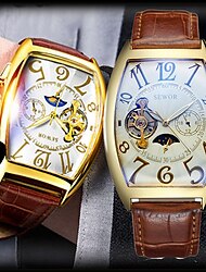 SEWOR Automatic Mechanical Men Watch Moon Phase Square Dial Leather Skeleton Clock Relogio Masculino