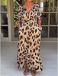 Жен. Леопард Карман С принтом V-образный вырез Длинное платье Отпуск С короткими рукавами Лето Весна