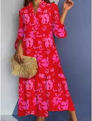 Women's Floral Button Print Crew Neck Maxi long Dress Daily Vacation Long Sleeve Summer Spring