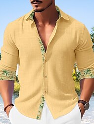 Муж. Рубашка льняная рубашка Хлопково-льняная рубашка Кнопка рубашка Повседневная рубашка Летняя рубашка Черный Белый Желтый Длинный рукав Контрастных цветов Отложной Весна лето Повседневные Гавайский