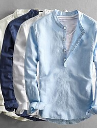 Per uomo Camicia di lino Camicia popover Camicia Estiva Abbigliamento da spiaggia Camicia casual Camicia con colletto alla coreana Semplice Casuale Quotidiano Nero Bianco Rosa Arancione Manica Lunga