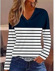 女性用 Tシャツ ストライプ 日常 週末 プリント ネイビーブルー 長袖 ベーシック Ｖネック 秋冬