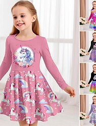 Girls' 3D Graphic Cartoon Unicorn Dress Long Sleeve 3D Print Summer Fall Sports & Outdoor Daily Holiday Cute Casual Beautiful Kids 3-12 Years Casual Dress A Line Dress Above Knee Polyester Regular Fit