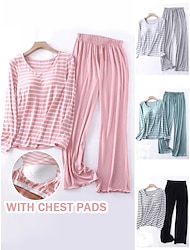 Women's Loungewear Sets 2 Pieces Stripe Fashion Casual Comfort Street Daily Date Polyester Breathable Crew Neck Long Sleeve Pant Summer Spring Black Pink