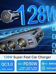 New 127w 7-in-1 Car Charger Splitter PD30w QC3.0 cigarette Lighter Adapter Car Cigarette Lighter Socket Splitter with Switch