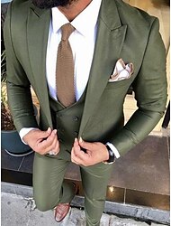 Green Men's Fall Wedding Suits 3 Piece Solid Colored Tailored Fit Single Breasted Two-buttons 2024