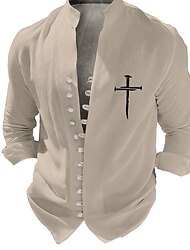 Easter Cross On The Sleeve Mens Graphic Shirt  Prints Stand Collar Black White Green Khaki Outdoor Street Short Clothing Apparel Fashion Casual Formal Beige