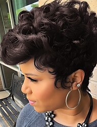 Dark Brown Short Pixie Cut Wigs for Black Women Curly Hair Replacement Short Black Layered Wavy Pixie Wigs With Bangs For Black Women