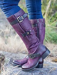Women's Purple Faux Leather Knee-High Boots with Buckle Straps and Side Zipper, Vintage Style Motorcycle Boots for Outdoor and Casual Wear