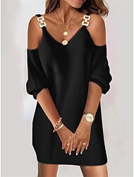 Damen schwarzes kleid Minikleid Patchwork Kalte Schulter Täglich Verabredung Elegant Modisch Gurt 3/4 Ärmel Schwarz Farbe