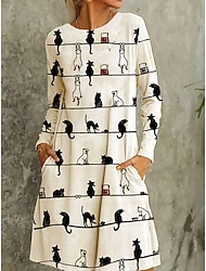 Women's Winter Dress T Shirt Dress Tee Dress Cat Print Crew Neck Midi Dress Daily Date Long Sleeve Fall Winter