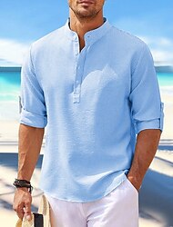 Men's Shirt Popover Shirt Summer Shirt Beach Wear Casual Shirt Band Collar Shirt White Blue Light Grey Dark Gray Long Sleeve Plain Henley Daily Vacation Clothing Apparel Cotton Blend Fashion Casual