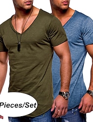 Homens Camiseta T-shirt Tecido Decote V Rua Férias Manga Curta 2 pacotes Roupa Moda Designer Básico