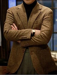 férfi őszi/téli tweed blézer vastag meleg kabát normál molett egyszínű egysoros kétgombos barna 2024