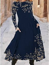 Women's Midi Dress A Line Dress Casual Dress Winter Dress Swing Dress Fashion Streetwear Mature Formal Outdoor Vacation Regular Fit Floral Long Sleeve Crew Neck Black Navy Blue Royal Blue Blue Spring
