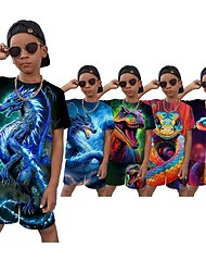 Chico 3D Graphic Animal Dragón Camiseta y Bermudas Conjunto de camiseta Conjunto de Ropa Manga Corta Impresiones 3D Verano Primavera Activo Deportes Moda Poliéster Niños 3-13 años Exterior Calle