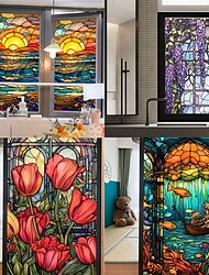 glas-in-loodraam privacyfolie, uv-blokkerende raamfolie, kleurrijke bloemenpatroon deurbekleding voor badkamer kantoor keuken raam interieur