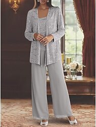 Jumpsuit  Anzug 3-teilig Strandhochzeit Mutter der Braut Hochzeitsgast elegante Rundhalsausschnitt bodenlang Chiffon Spitze ärmellos Wickel enthalten mit Pailletten