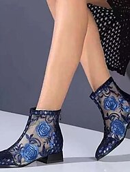 Women's Boots Booties Ankle Boots Daily Walking Embroidered Booties Ankle Boots Winter Satin Flower Cone Heel Chunky Heel Pointed Toe Elegant Vacation Vintage PU Blue