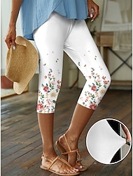 Women's Shapewear Capri Pants 65% Polyester Print Designer High Rise Capris Rose+White Spring, Fall, Winter, Summer
