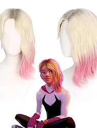 Synthetische Perücke Gwen Stacy, gerade, asymmetrisch, maschinengefertigte Perücke, kurz, A1, Kunsthaar, Damen, Cosplay, weich, modisch, blond, rosa, Mischfarbe, Halloween-Perücken