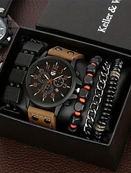 Keller Weber 5Pcs Watches Bracelet Set Luxury Men Quartz Wristwatches Leather Band Fahsion Casual Watch For Men Gift For Boyfriend