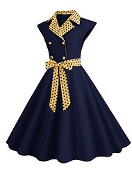 Women's Button Print Vintage Dress Midi Dress Elegant Polka Dot Lapel Sleeveless Office Date Spring Fall Black Yellow