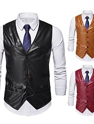 Men's Vest Leather Vest Birthday Party Casual Daily Traditional / Classic All Seasons Faux Leather Lightweight Solid / Plain Color Single Breasted Collarless Slim Fit claret Black Brown Vest