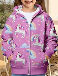 Girls' 3D Rainbow Unicorn Hoodie Coat Outerwear Long Sleeve 3D Print Fall Winter Active Fashion Cute Polyester Kids 3-12 Years Outdoor Casual Daily Regular Fit
