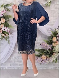 Women's Plus Size Curve Party Dress Lace Dress Semi Formal Dress Floral Midi Dress Half Sleeve Lace Embroidered Crew Neck Elegant Party Deep Blue Fall Winter