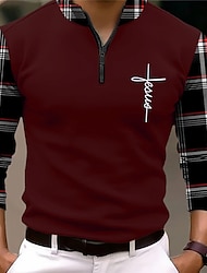 Plaid Faith Men's Vintage 3D Print Zip Polo Golf Polo Outdoor Casual Daily Streetwear Polyester Long Sleeve Zip Polo Shirts Black White Fall & Winter S M L Micro-elastic Lapel Polo