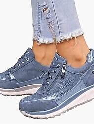 Women's Sneakers Plus Size Height Increasing Shoes Platform Sneakers Outdoor Daily Color Block Summer Platform Wedge Heel Round Toe Fashion Sporty Casual Walking Faux Leather Lace-up Dark Grey Blue