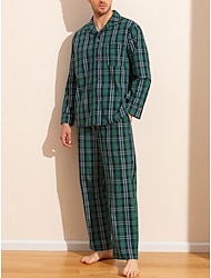 Voor heren Loungewear Nachtkleding Pyjamaset Pyjamatop en broek 2-delig Ruitjes Stijlvol Casual Comfortabel Huis Dagelijks Katoen Comfort Revers Lange mouw Overhemd Pantalon Trekkoord Elastische